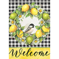 Decorative flag with lemons, a bird, and flowers on a checkered background with 'Welcome' text.