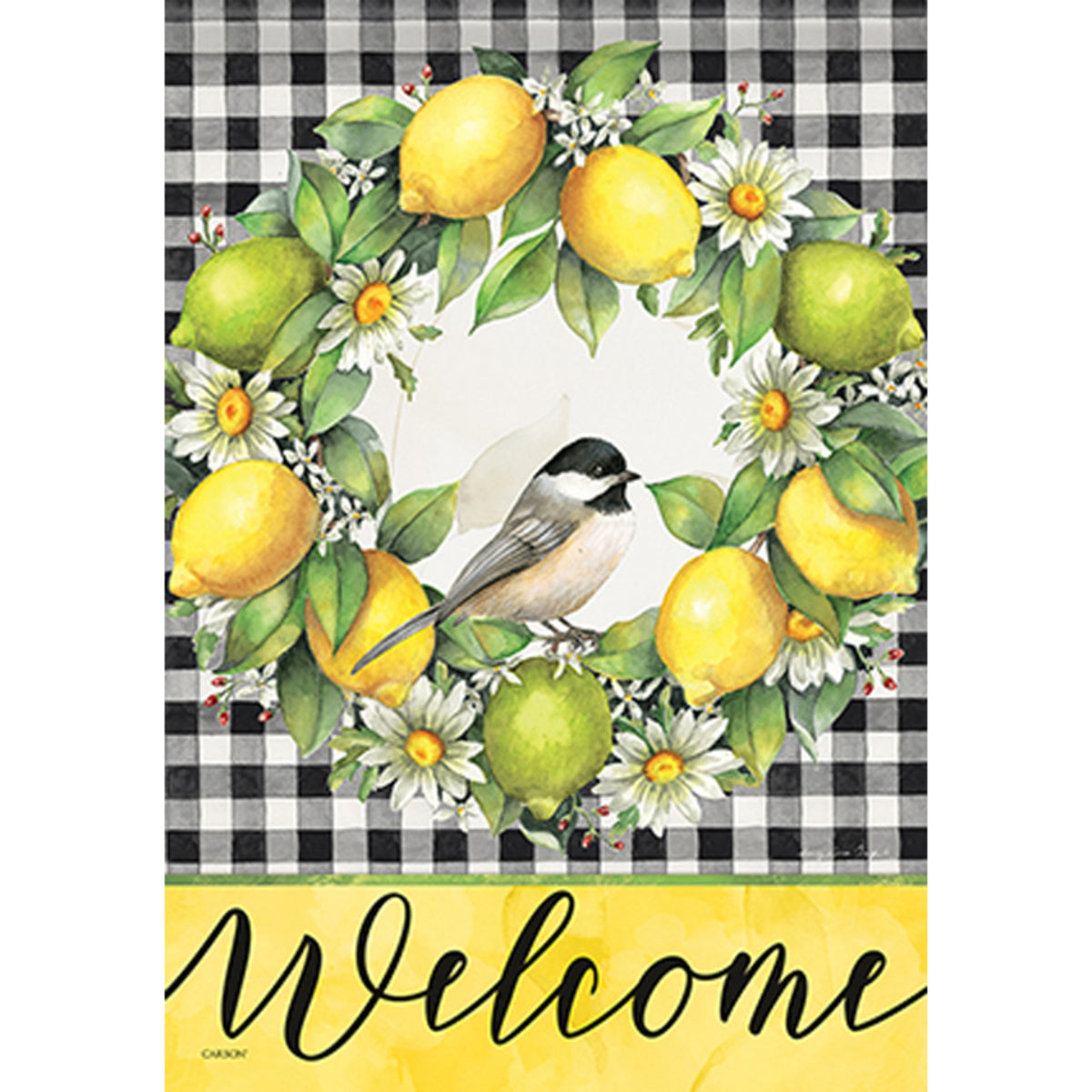 Decorative flag with lemons, a bird, and flowers on a checkered background with 'Welcome' text.