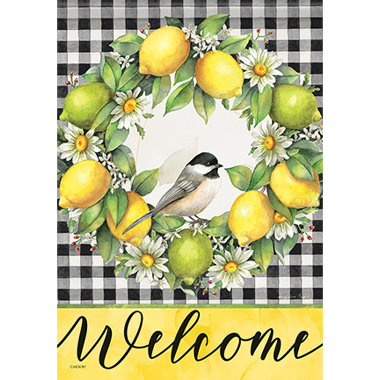 Decorative flag with lemons, a bird, and flowers on a checkered background with 'Welcome' text.