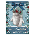 Christmas-themed decorative flag with mittens, bow, and winter elements on a blue background