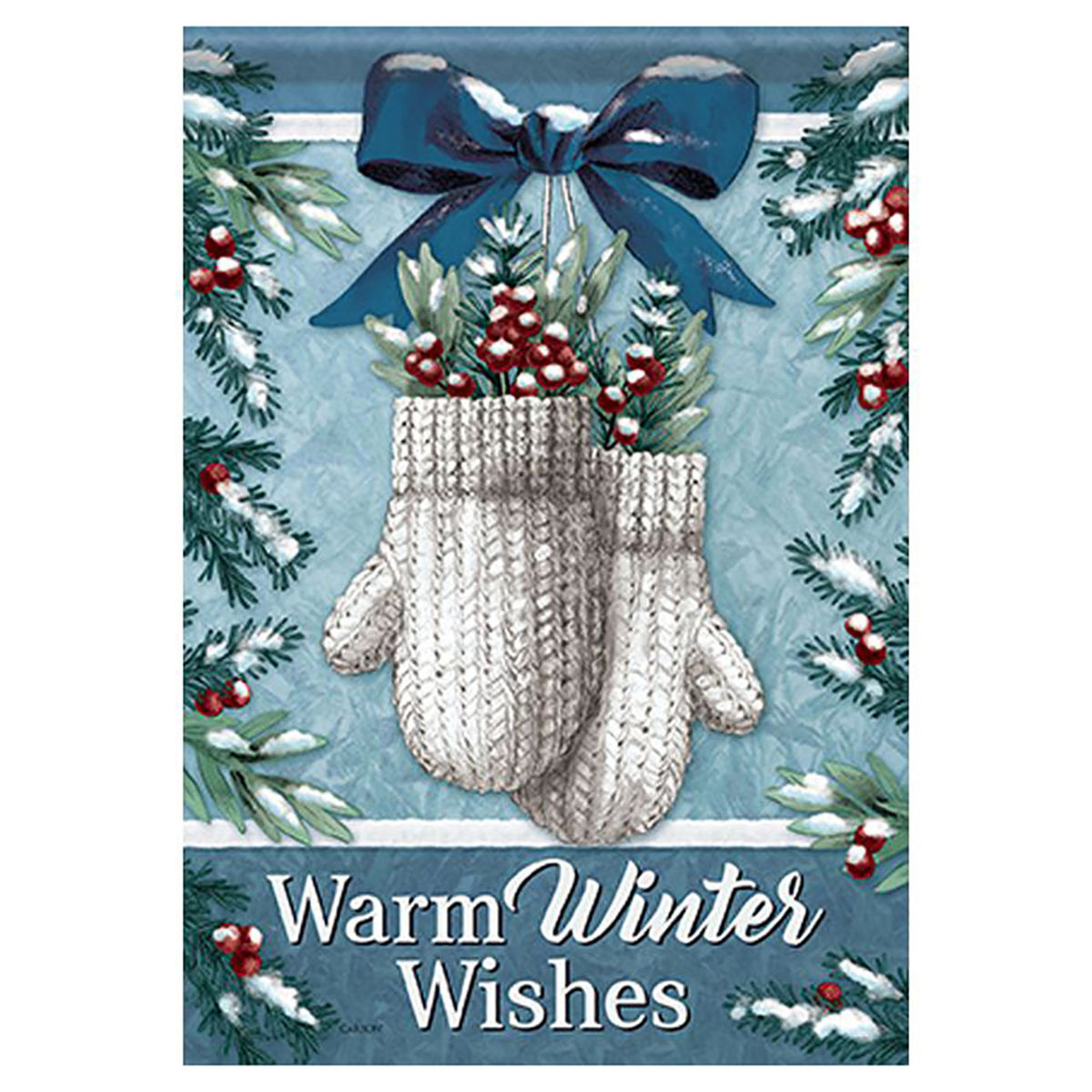 Christmas-themed decorative flag with mittens, bow, and winter elements on a blue background