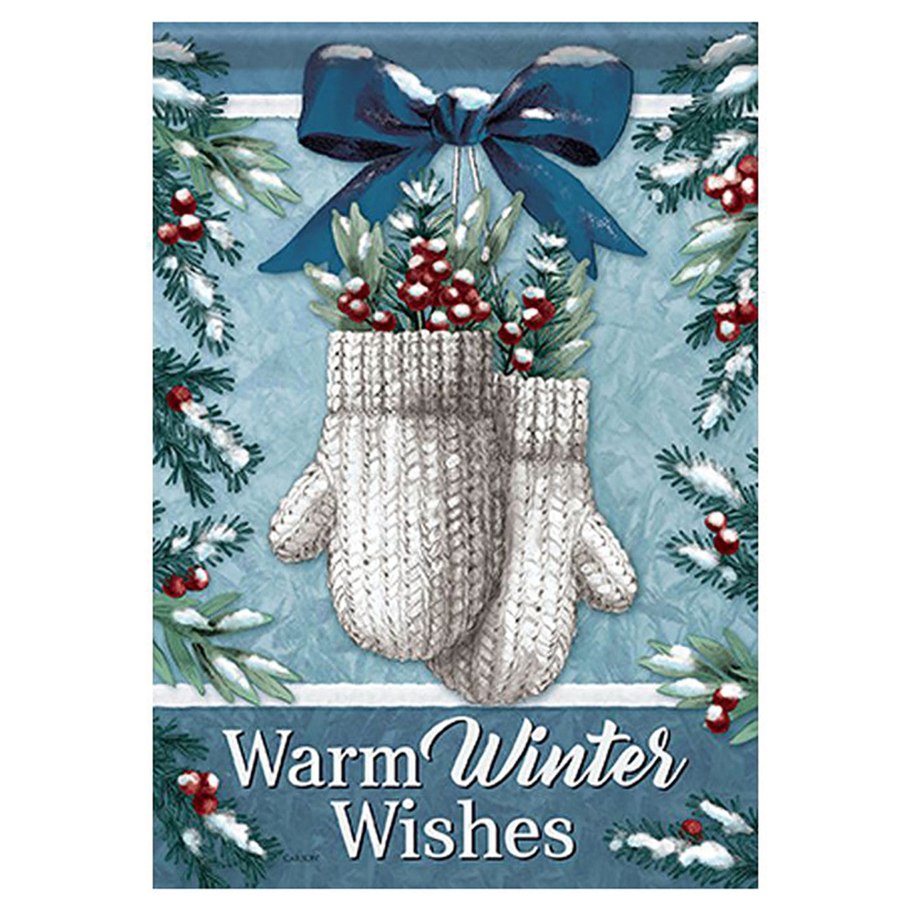 Christmas-themed decorative flag with mittens, bow, and winter elements on a blue background