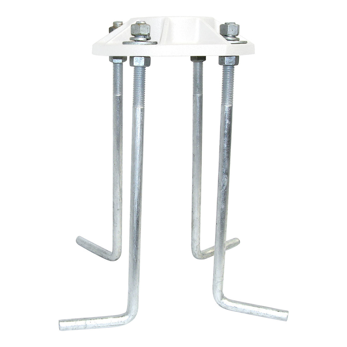 A silver-colored shoe base anchor bolt with two hex nuts, two washers, and one lock washer.