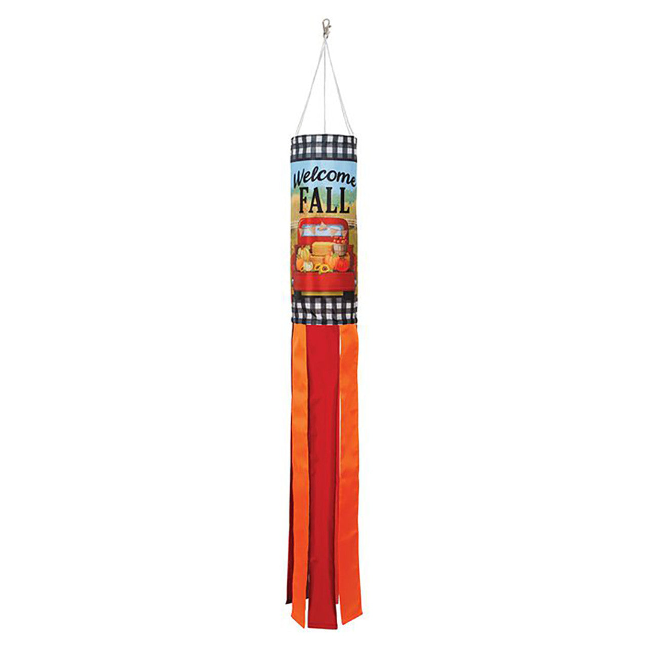 Decorative windsock with 'Welcome Fall' text and autumn-themed design on a white background
