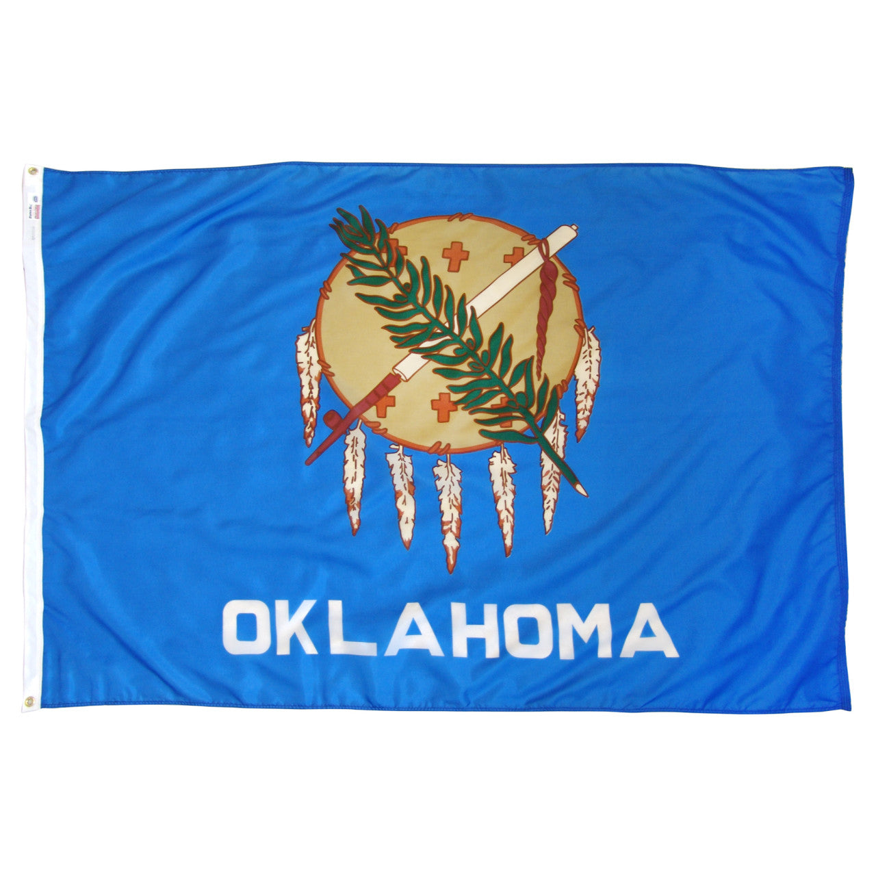 State of Oklahoma flag featuring the traditional buffalo-skin shield, peace pipe, olive branch, and white 'Oklahoma' text on a vibrant sky-blue field.