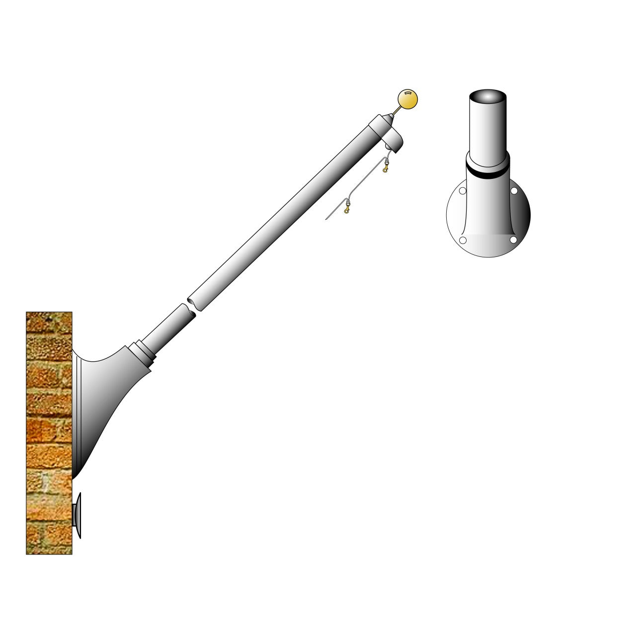 ECOS 10ft Outrigger Wall Mount Series Non-Tapered Commercial Flagpole - .125 Wall Thickness - 3" Top/Butt Diameter