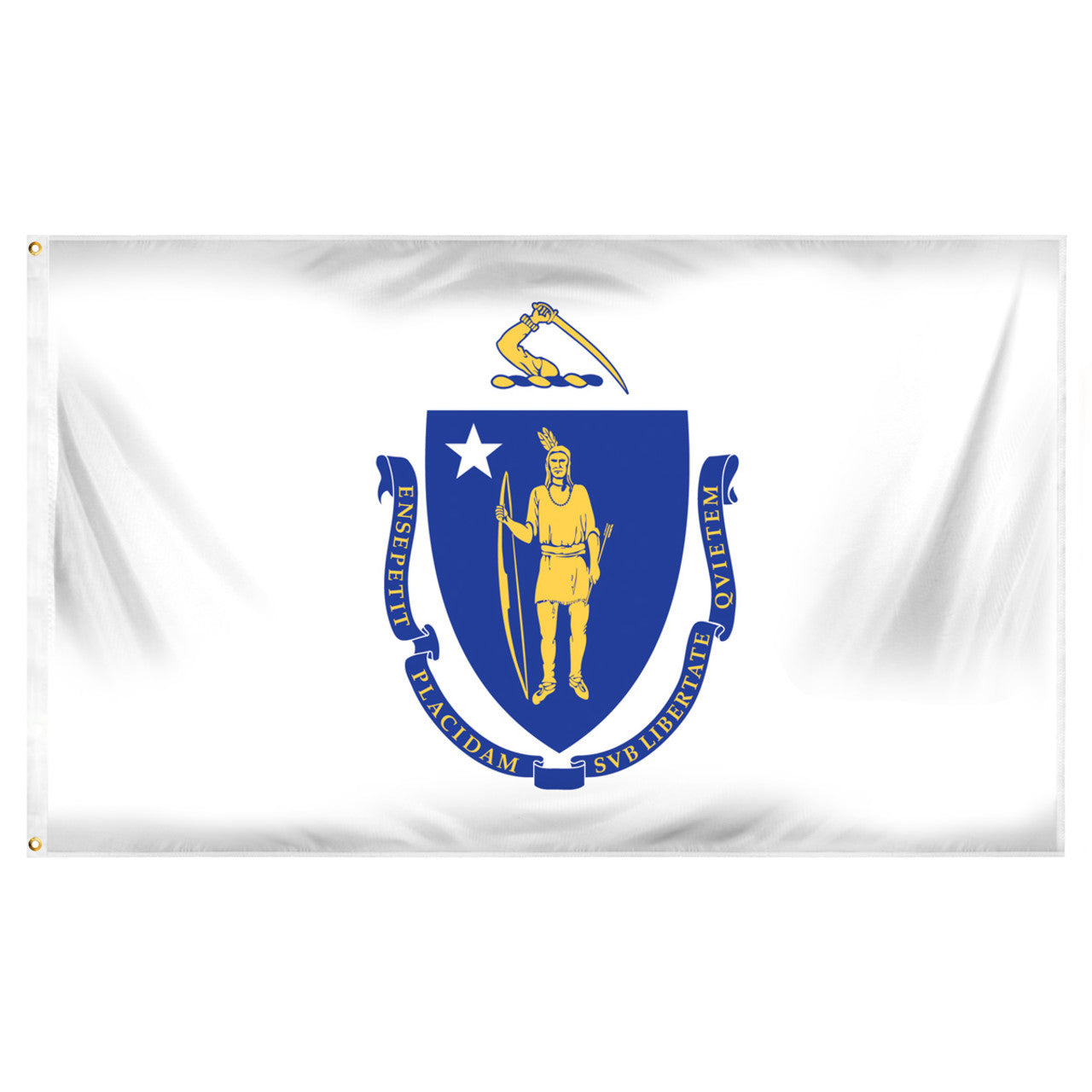Massachusetts flag with a blue coat of arms featuring a yellow figure and text on a white background