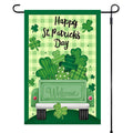 St. Patrick's Day garden flag with a green truck and shamrocks on a checkered background.