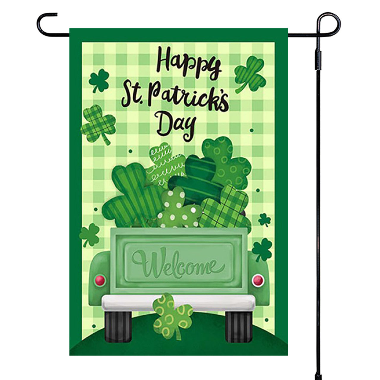 St. Patrick's Day garden flag with a green truck and shamrocks on a checkered background.