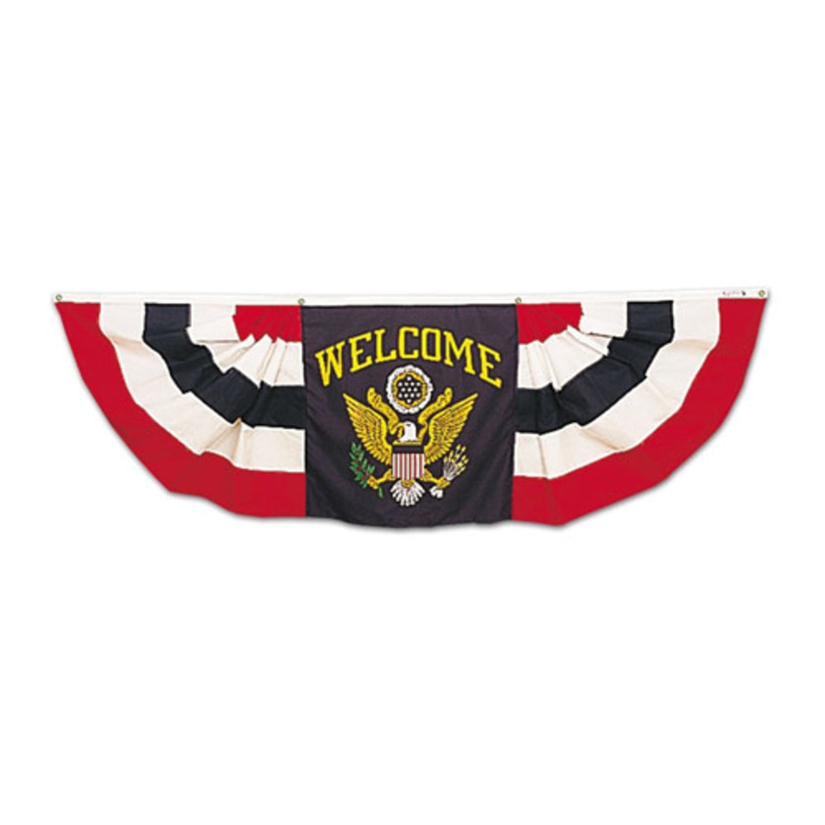 Decorative banner with American flag design and 'Welcome' text on a white background