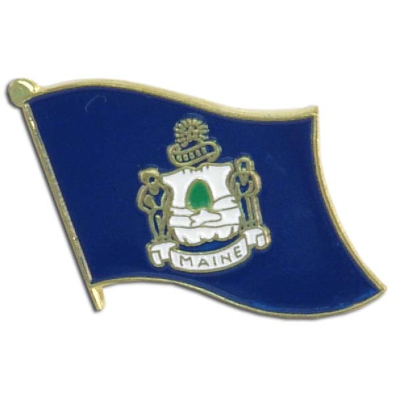 Pin with the design of the Maine state flag on a blue background