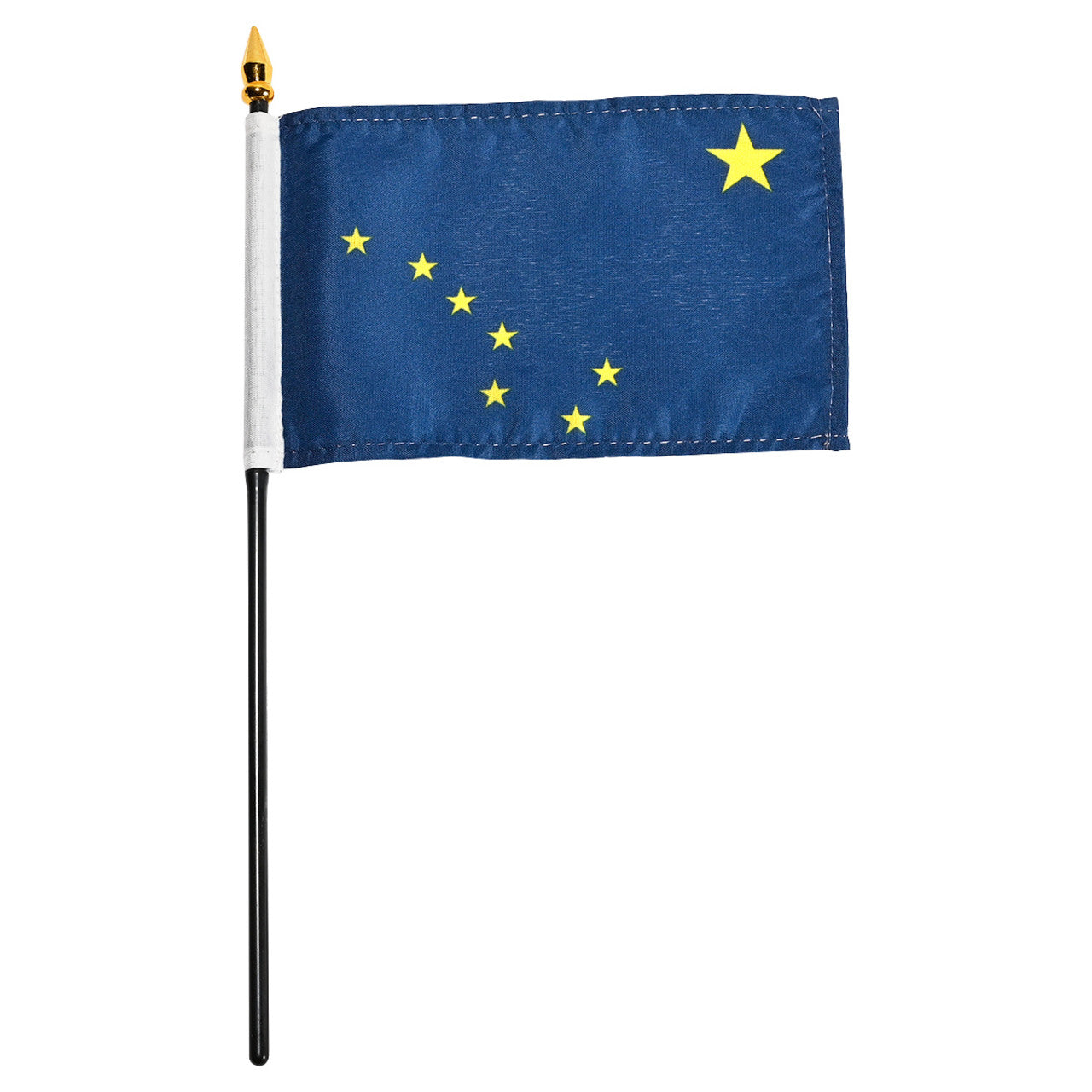 Alaska state stick flag with a blue background and yellow stars