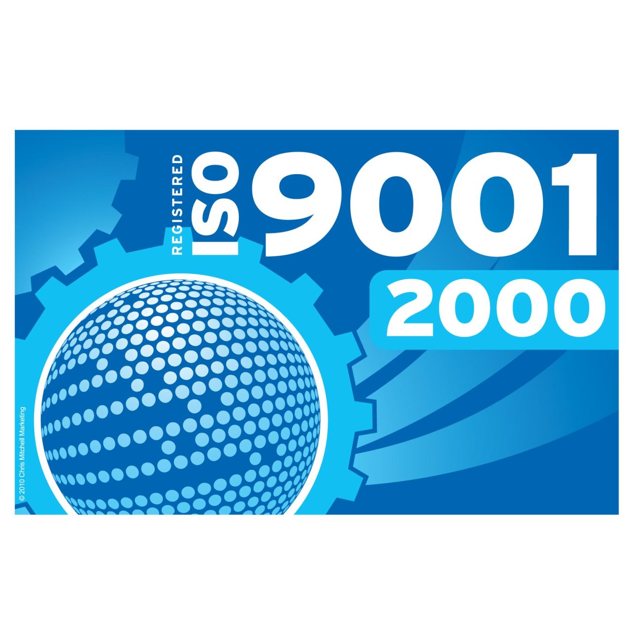ISO 9001 2000 certification logo with gear and ball design on a blue background