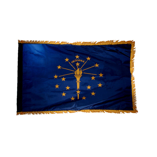 Flag of Indiana with gold emblem and stars on a blue background