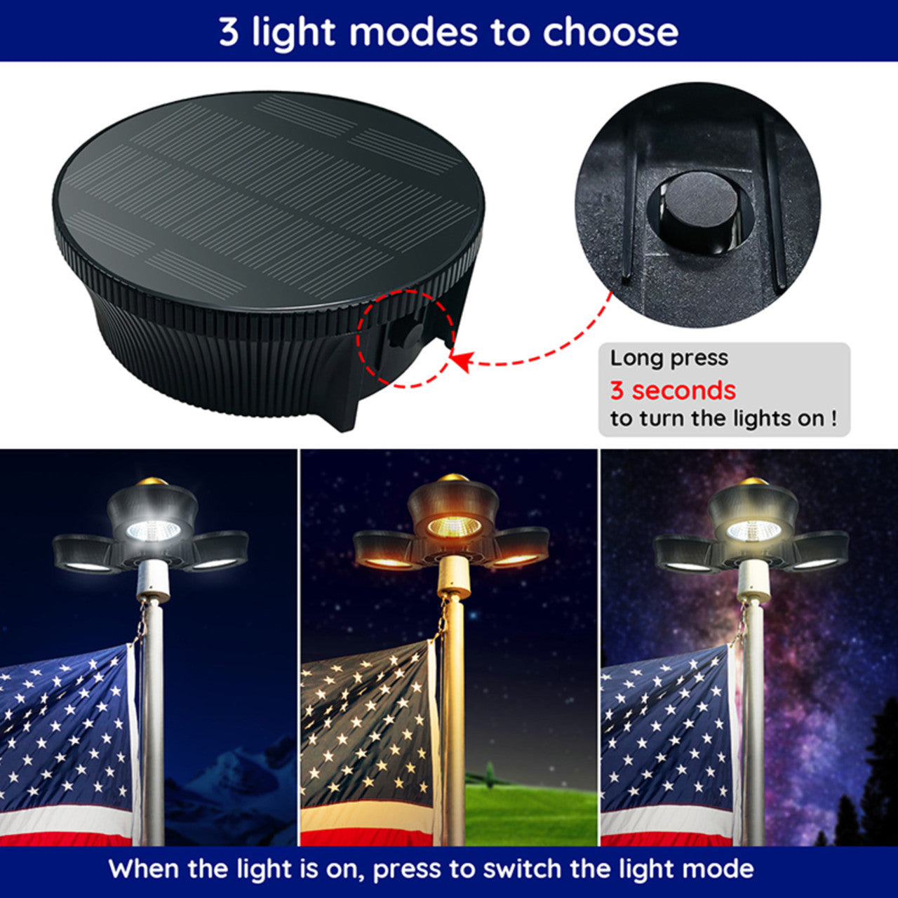 Solar LED Tri-Head Flagtop Pole Light | 32 LEDs – United States Flag Store
