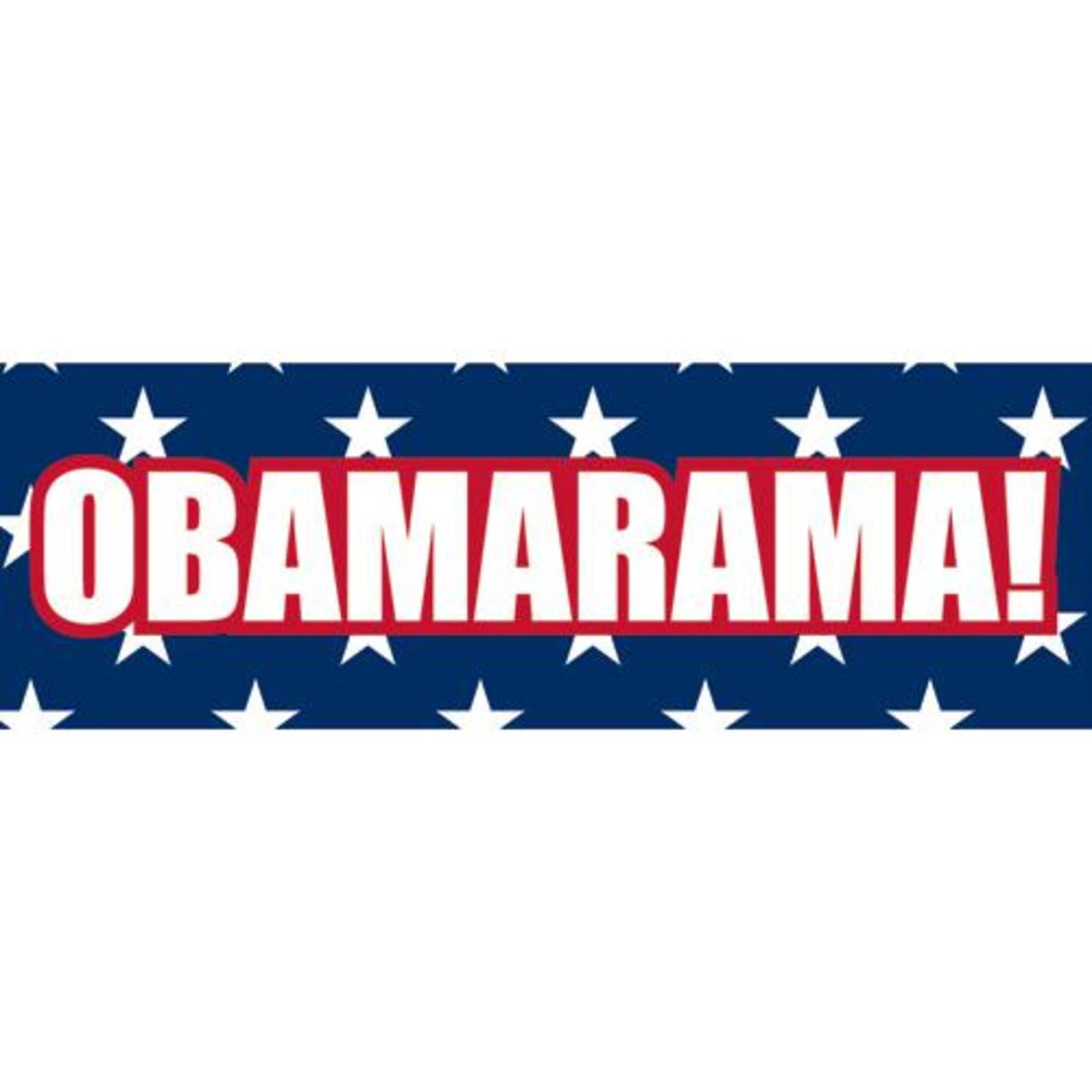 Decorative banner with 'OBAMARAMA!' text and stars on a blue background