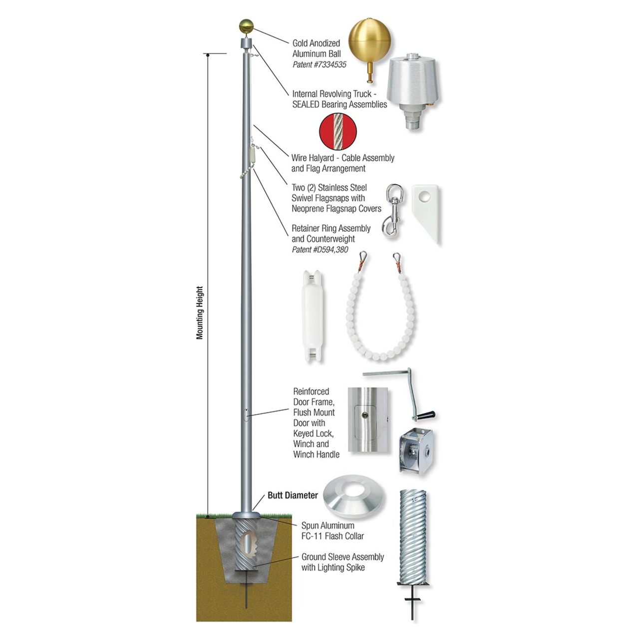 Independence Series 80ft 3 Sections Commercial Flagpole - .375in Wall Thickness - 12in Butt Diameter