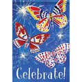 Decorative garden flag with colorful butterflies and the word 'Celebrate!' on a blue background
