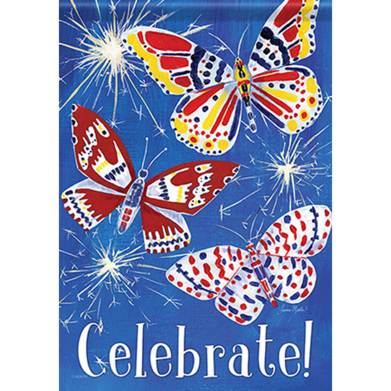 Decorative garden flag with colorful butterflies and the word 'Celebrate!' on a blue background