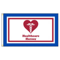 Flag with a red heart and caduceus symbol, featuring the text 'Healthcare Heroes', on a white background.