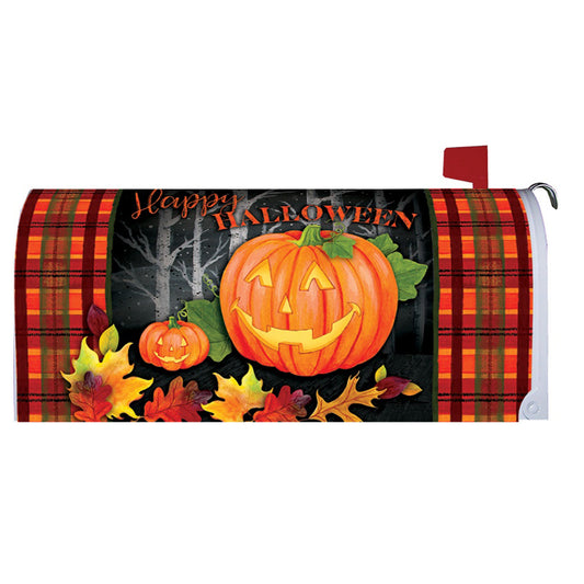 Halloween-themed mailbox cover with pumpkins and plaid design