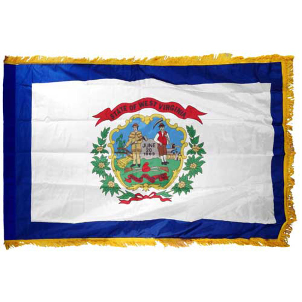 State of West Virginia state flag featuring the full-color state seal and 'State of West Virginia' red banner on a white field with a dark blue border.  Flag features yellow fringe on edges.