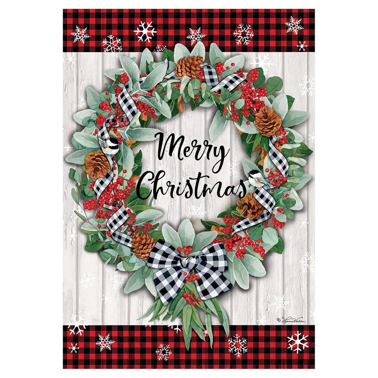 Decorative flag with Christmas wreath with berries, pinecones, and plaid ribbons on a white background with red and black checkered border.