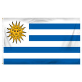 Flag of Uruguay with a yellow sun and blue horizontal stripes on a white background