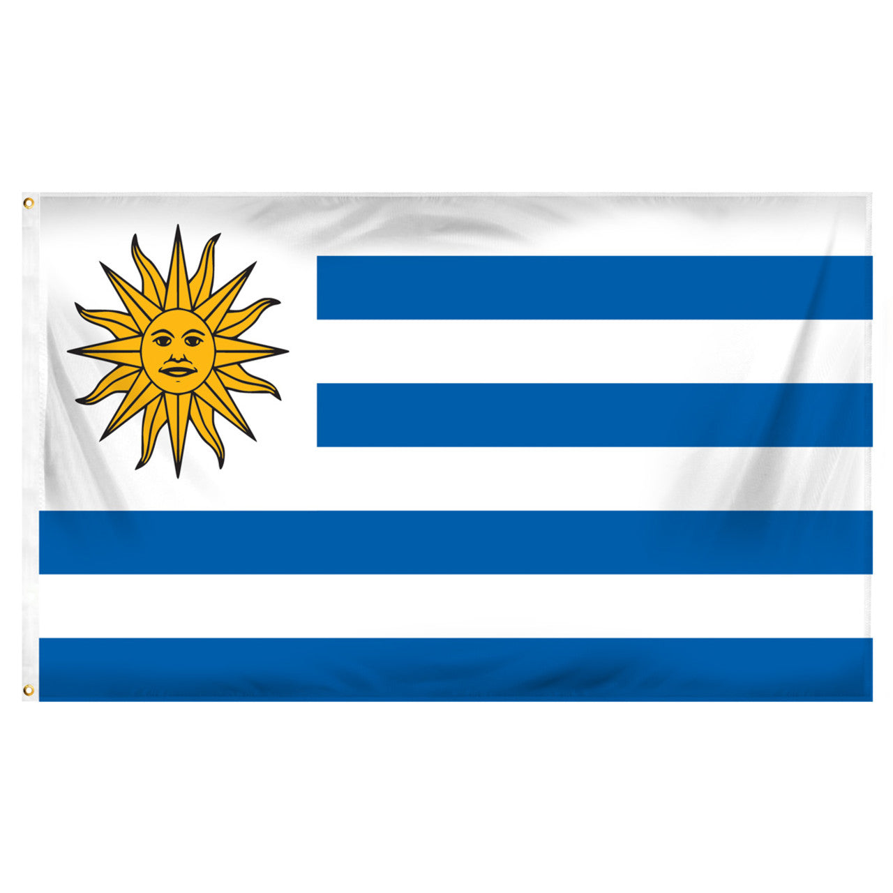Flag of Uruguay with a yellow sun and blue horizontal stripes on a white background