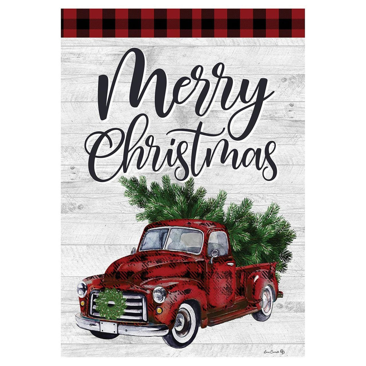Decorative garden flag with a red truck with Christmas tree on a white background with 'Merry Christmas' text.