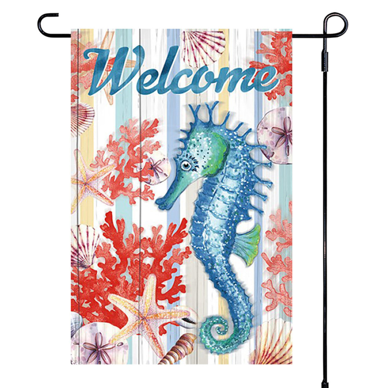 Decorative garden flag with a seahorse, coral, and starfish design on a striped background with the word 'Welcome'.