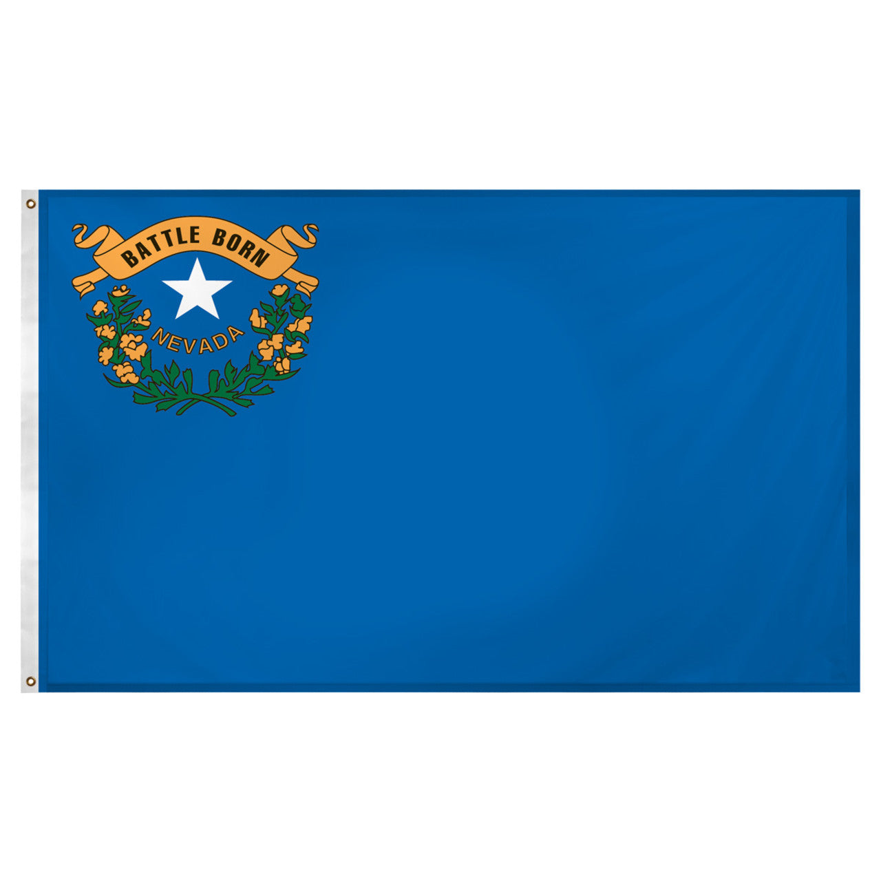 State of Nevada flag featuring the silver star, sagebrush wreath, and 'Battle Born' gold scroll emblem on a solid cobalt blue field.