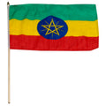 Flag of Ethiopia with green, yellow, and red stripes and a blue circle with a yellow star on a white background.