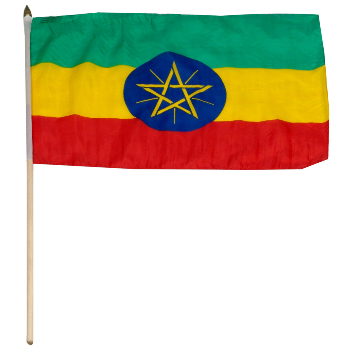 Flag of Ethiopia with green, yellow, and red stripes and a blue circle with a yellow star on a white background.