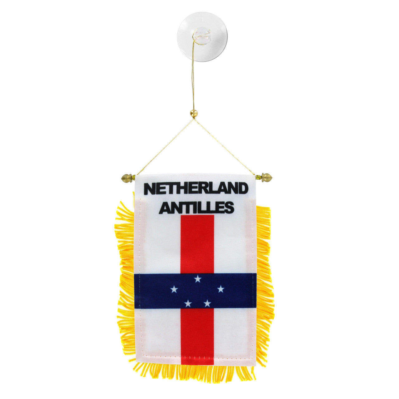 Miniature flag of the Netherlands Antilles with yellow fringe on a white background