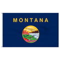 State of Montana flag with 'MONTANA' printed in large, gold all-caps letters across the top. Centered below the text is the full-color state seal, depicting a landscape with the Rocky Mountains, the Great Falls of the Missouri River, a plow, a shovel, and a pick. A ribbon at the bottom of the seal reads the Spanish motto 'ORO Y PLATA'
