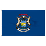 Michigan state flag with a coat of arms featuring two deer and an eagle on a blue background