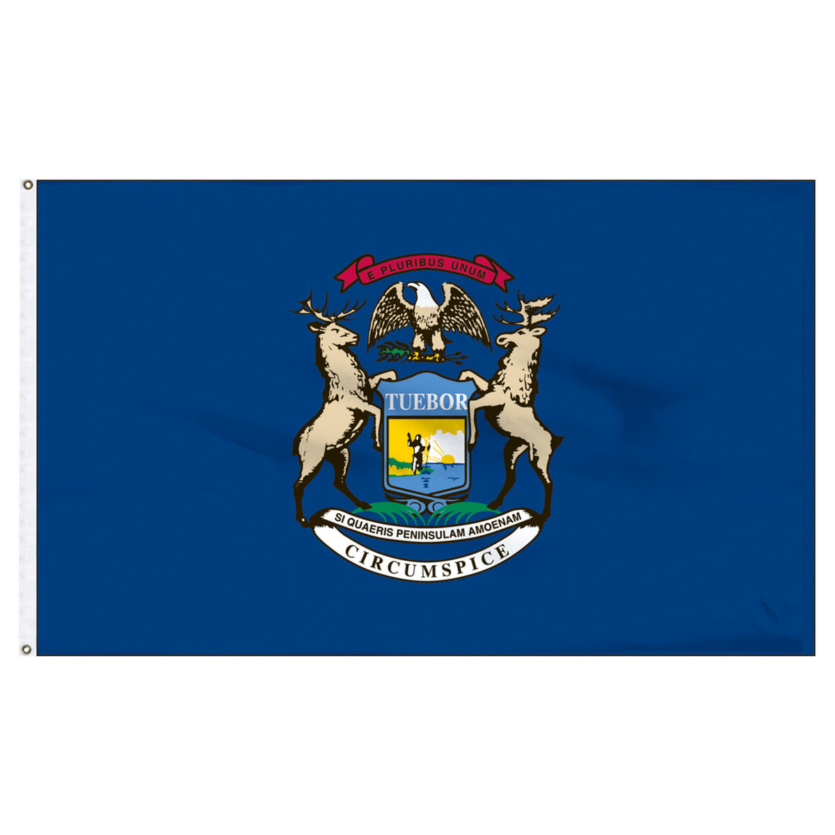 Michigan state flag with a coat of arms featuring two deer and an eagle on a blue background