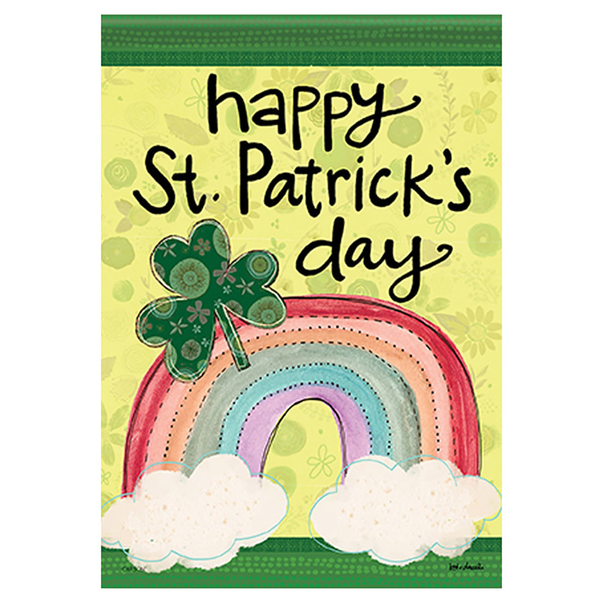St. Patrick's Day flag with rainbow, shamrock, and text on a green border