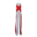 Red and white windsock hanging against a white background