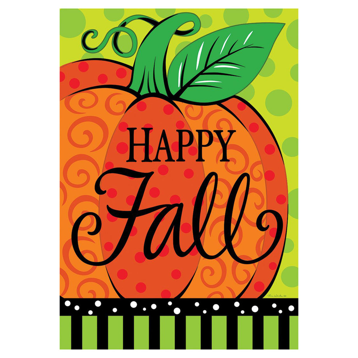 Decorative garden flag with a pumpkin design and 'Happy Fall' text on a green polka dot background.