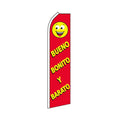 Red swooper flag with yellow smiley face and text on a white background