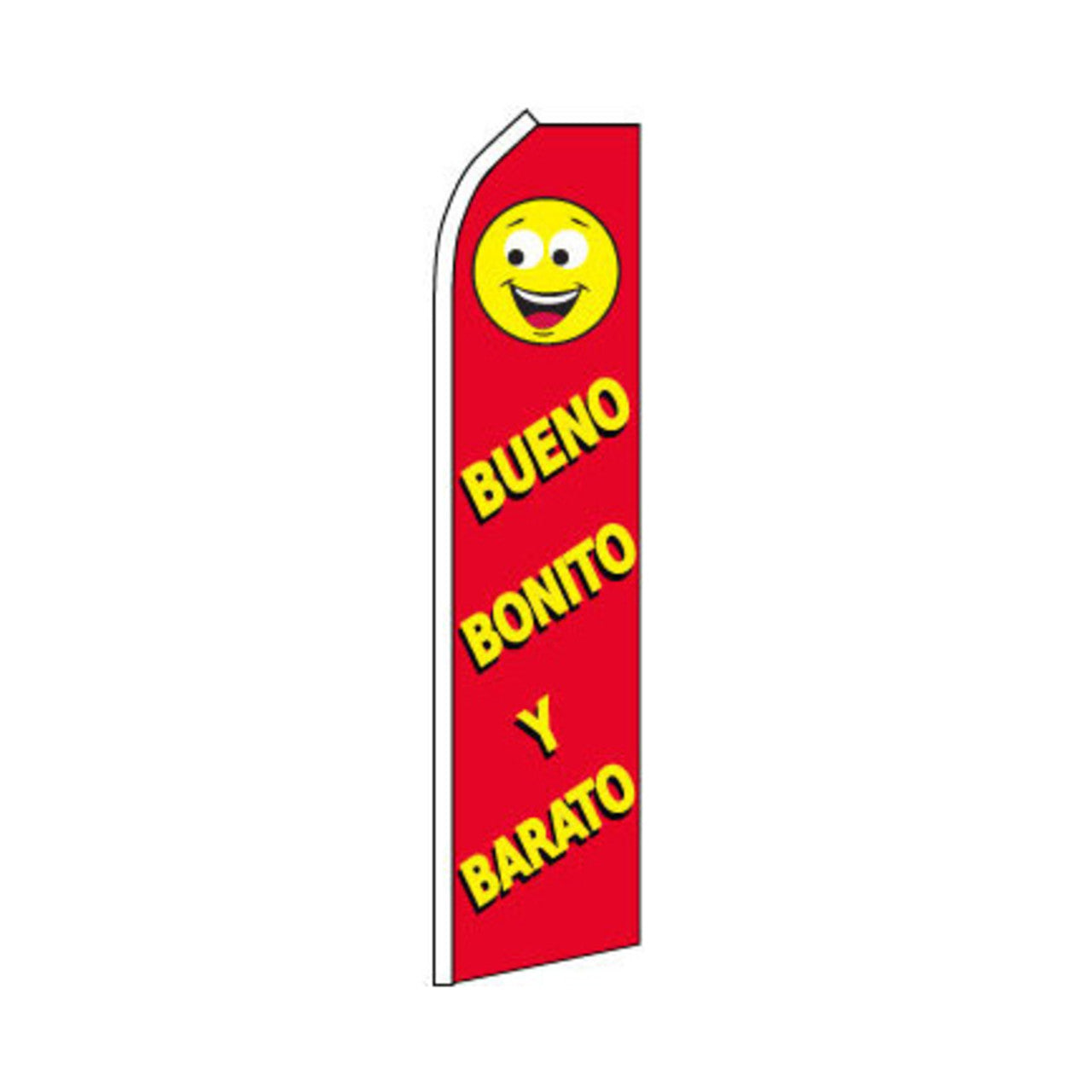 Red swooper flag with yellow smiley face and text on a white background