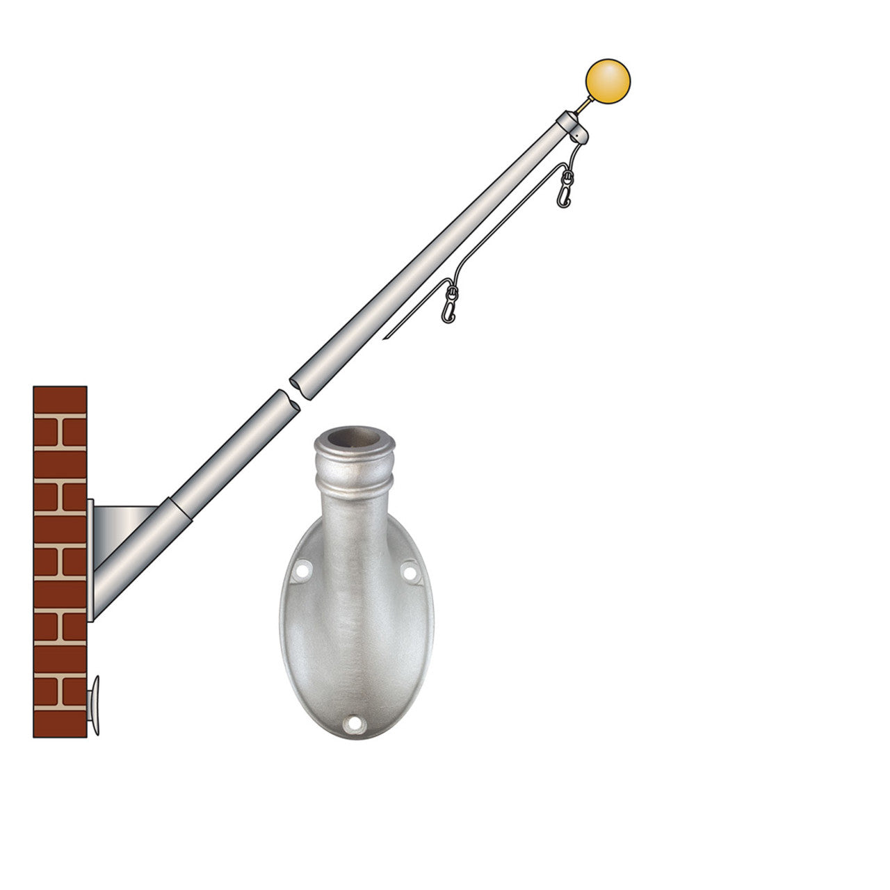 ECOM 8ft Outrigger Wall Mount Series Commercial Flagpole - .140 Wall Thickness - 2-3/8" Butt Diameter