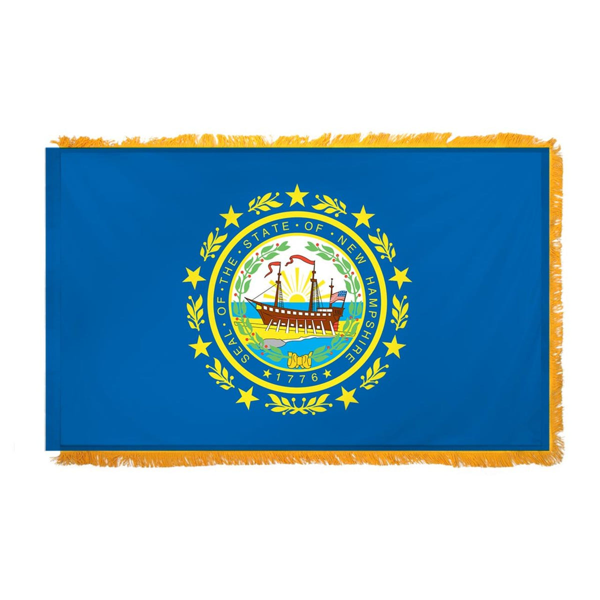 State of New Hampshire flag featuring the full-color state seal with the frigate Raleigh, a laurel wreath, and 'Seal of the State of New Hampshire 1776' text on a solid dark blue field.  This flag features yellow fringe.
