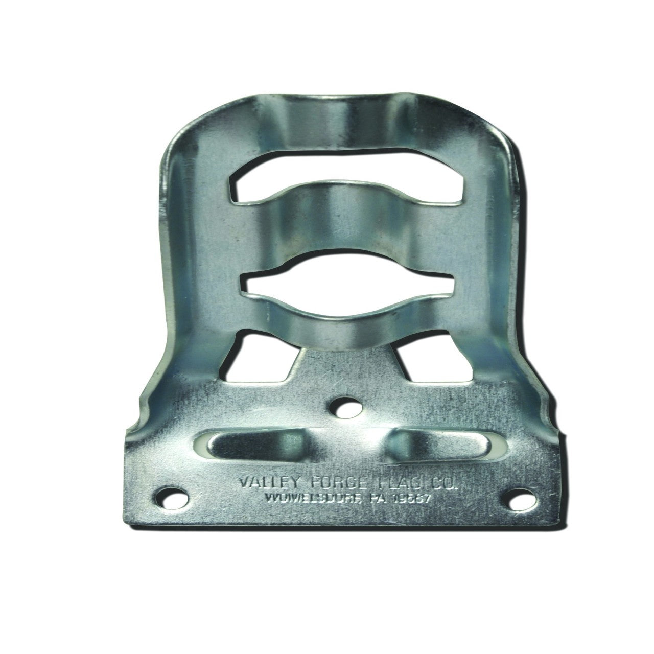 Metal bracket with cut-out design on a white background