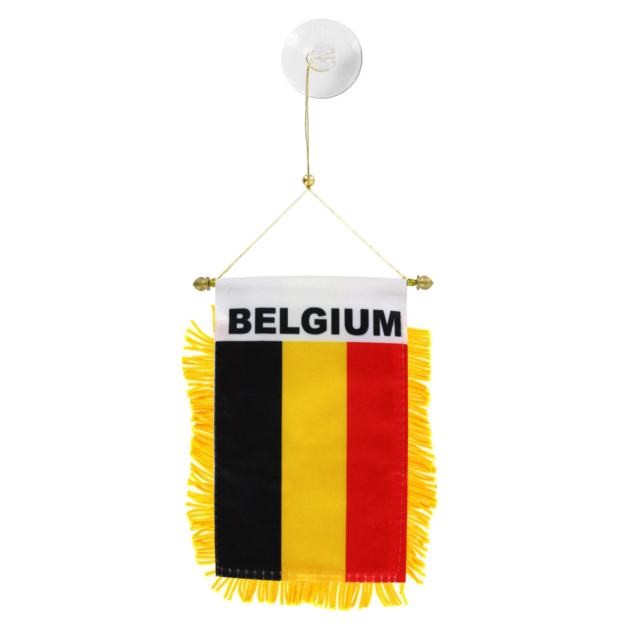 Belgian flag with 'BELGIUM' text on a white background