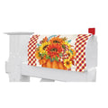 White mailbox with a decorative cover featuring sunflowers and checkered pattern on a white background