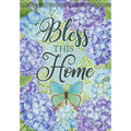 Decorative flag with 'Bless This Home' text surrounded by blue and purple flowers and a butterfly.