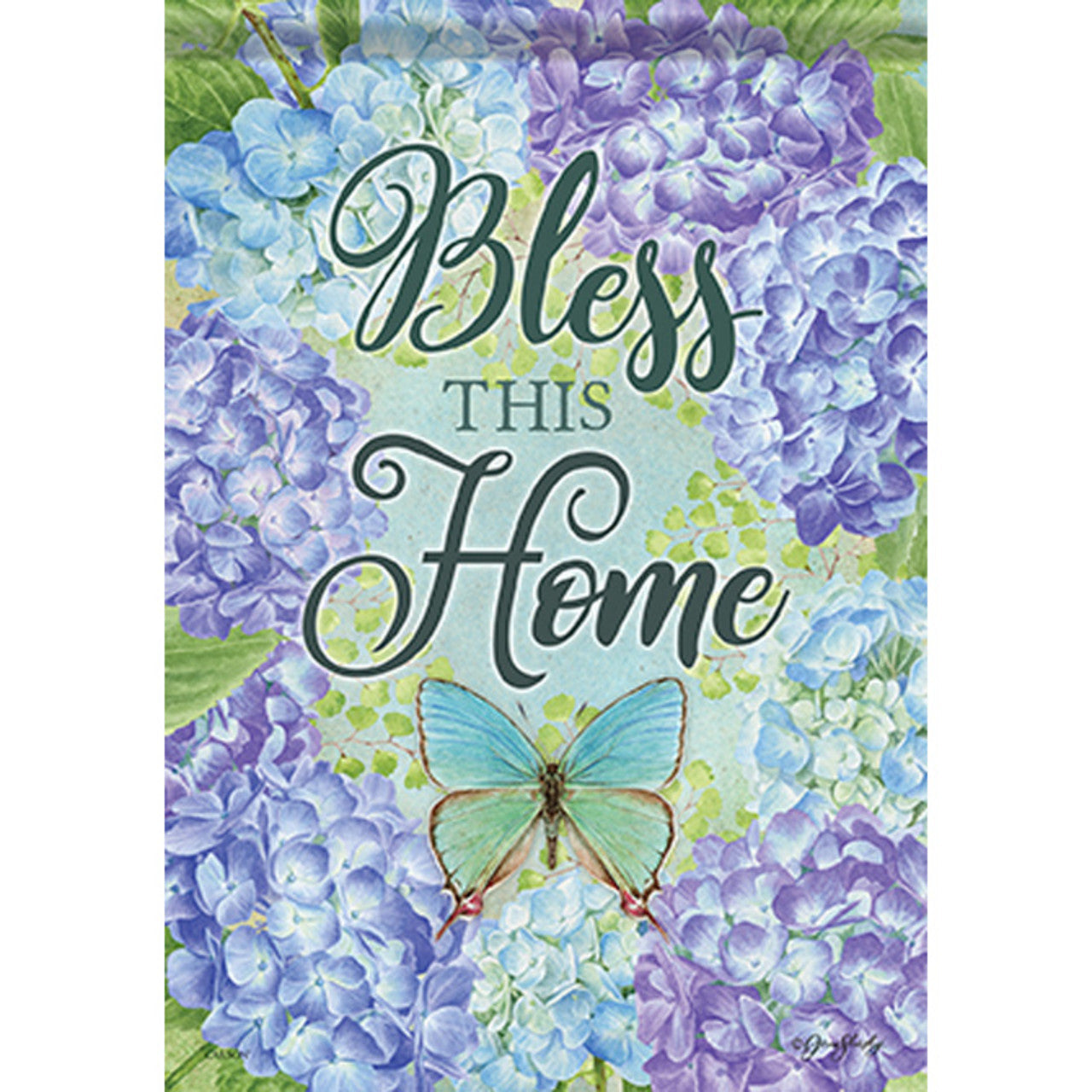 Decorative flag with 'Bless This Home' text surrounded by blue and purple flowers and a butterfly.